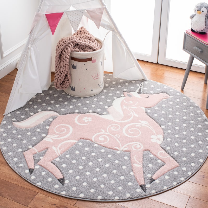 SAFAVIEH, Carousel Kids Mareke Unicorn Rug - 3' Round - Grey/Ivory/Pink