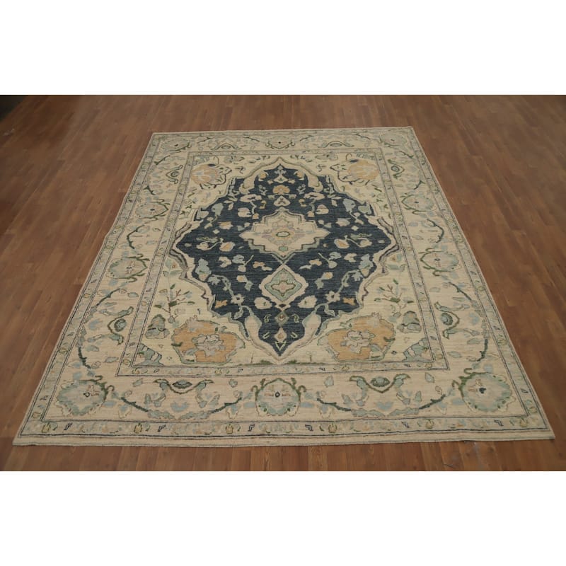 Hand Knotted Oriental 100% Wool Carpet Transitional Medallion Greys & Charcoal Oushak Area Rug - 9' 10'' X 8' 0''