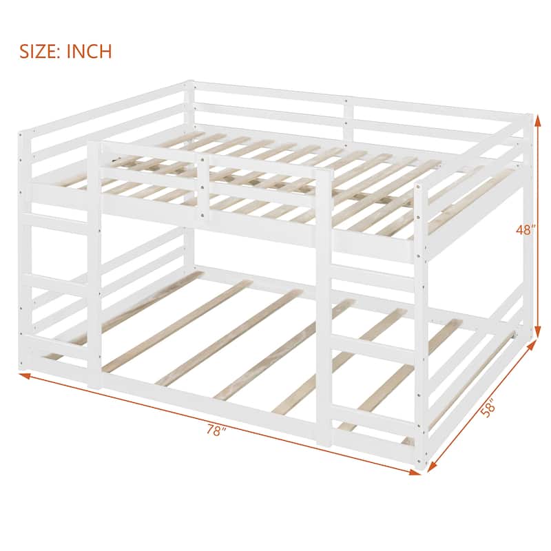 Wood Bunk Bed Kids Low Bunk Bed with Ladder Both Sides and Full-Length Safety Guardrail Solid Pine Wood Frame for Kids Bedroom
