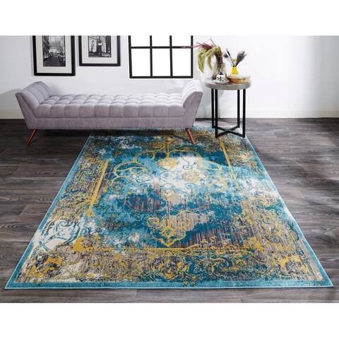 Arsene Distressed Medallion, Capri Blue/Golden, Area Rug