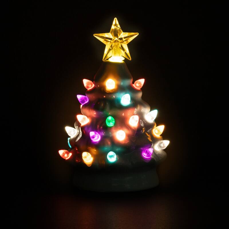 Mini LED Lighted Retro Christmas Tree with Gold Star Ornament - 5.25" - White