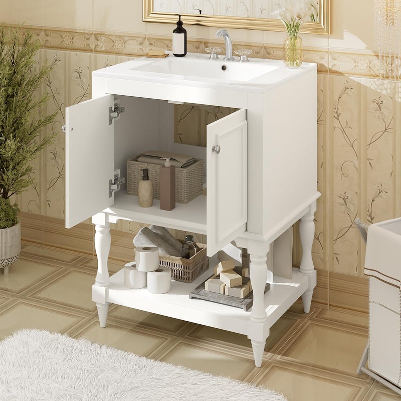 24 inch Modern Luxury Bathroom Vanity with Ceramic Sink, Bathroom Cabinet with Open Shelf and Closed Storage
