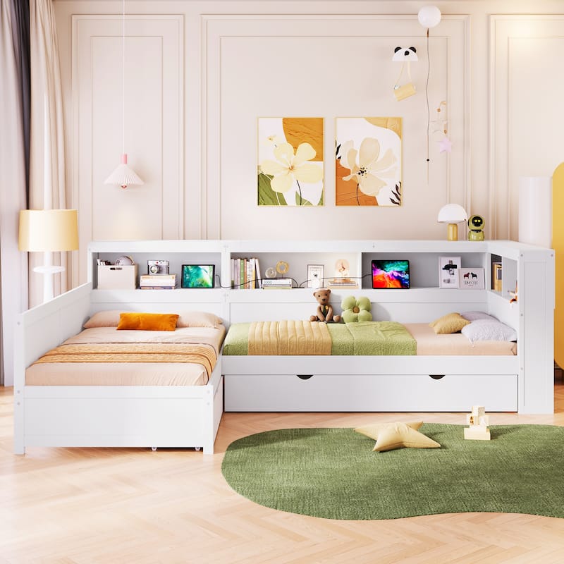 Roomfitters Wood Twin L-Shaped Platform Bed with Pull-Out Trundle and Storage Drawer, Space-Saving Corner Frame