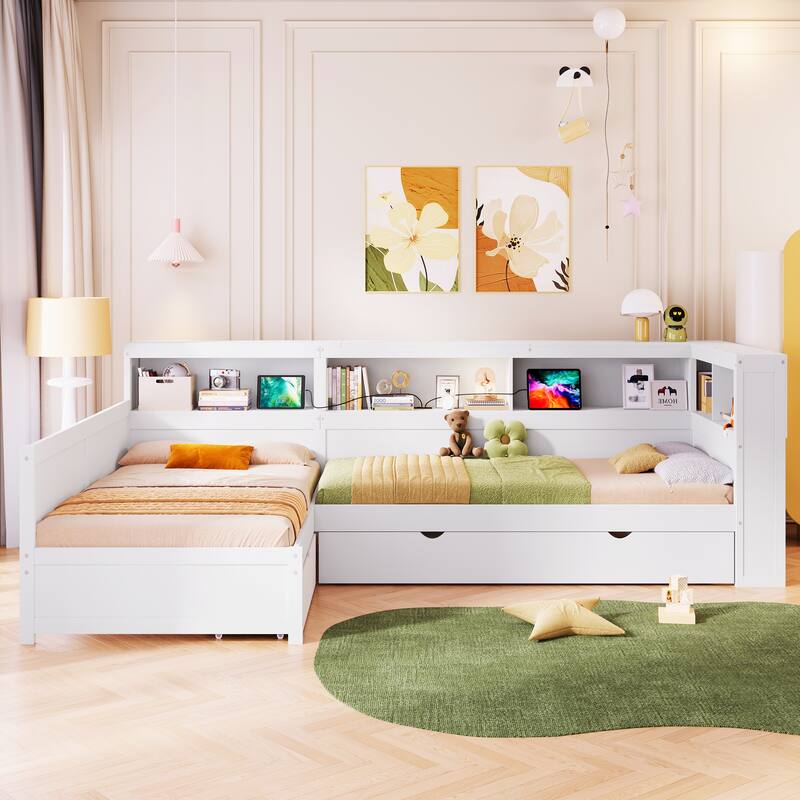 Wood Twin Size L-shaped Platform Bed with Trundle, Charging Station and Storage Shelves
