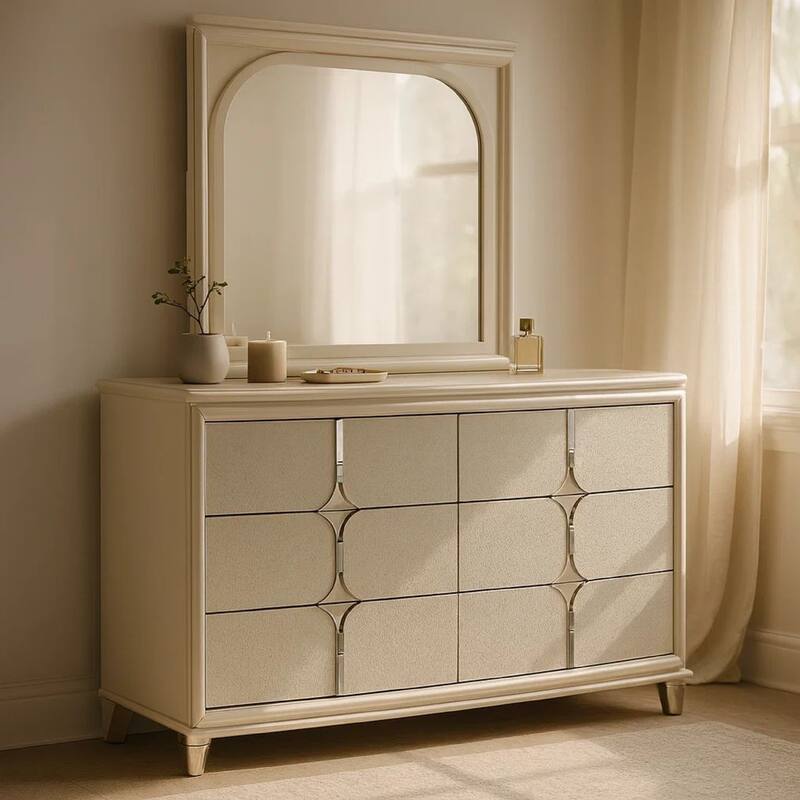 Ory Wide Dresser with LED Mirror, 6 Drawers, Pearl White Wood Frame