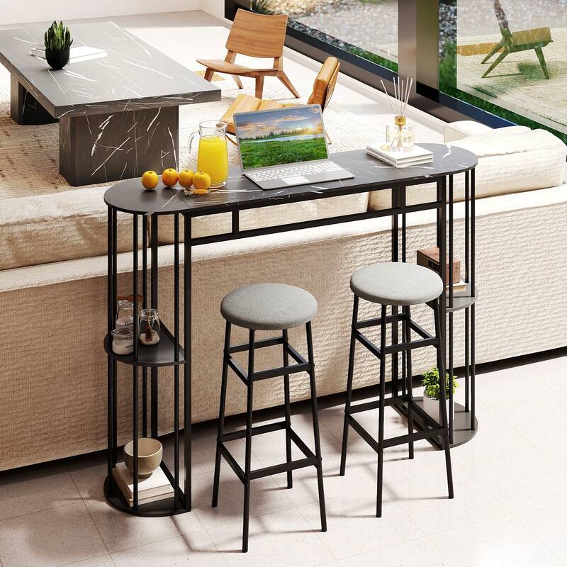 Gymax 60'' Long Bar Table Narrow Pub Table w/Faux Marble Tabletop &