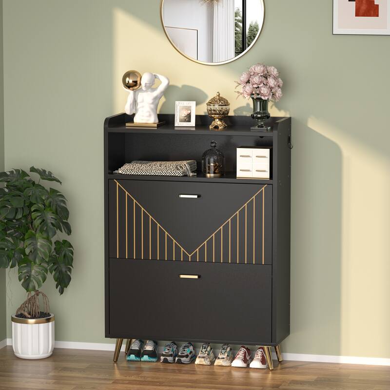24 Pair Shoe Cabinet with Motion Sensor Light, Space-saving Slim Shoe Storage with 2 Flip Drawers Lighting for Entryway