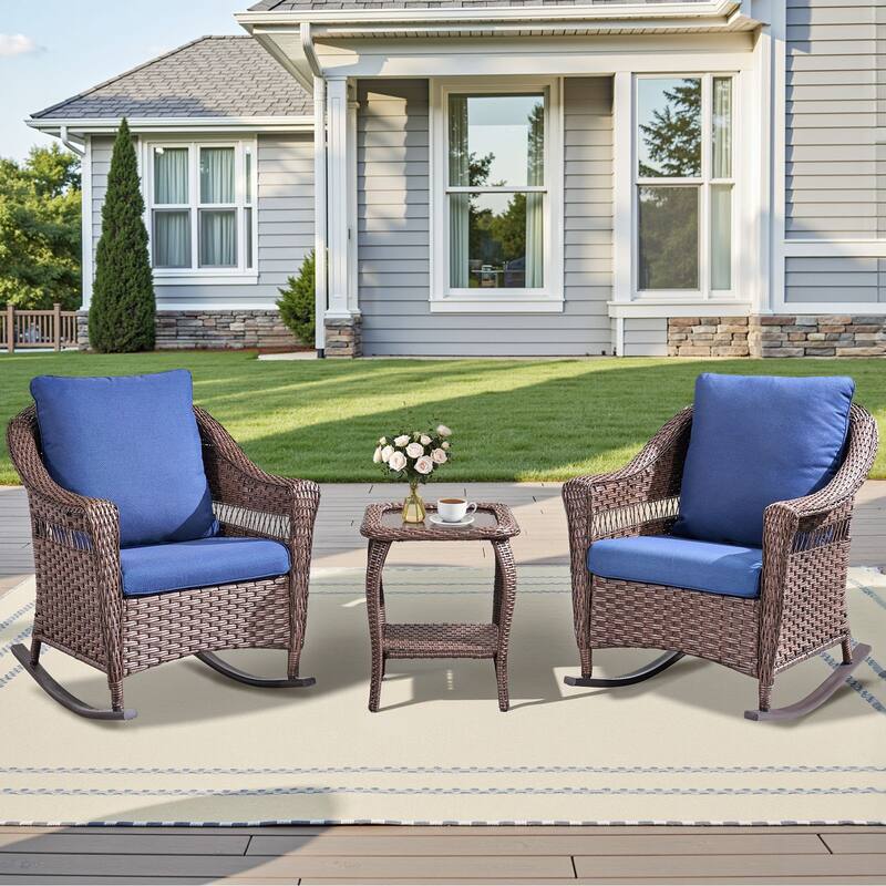 Pocassy Outdoor Rocker Chairs Patio Funiture Set - Brown & Blue - 3 Pieces