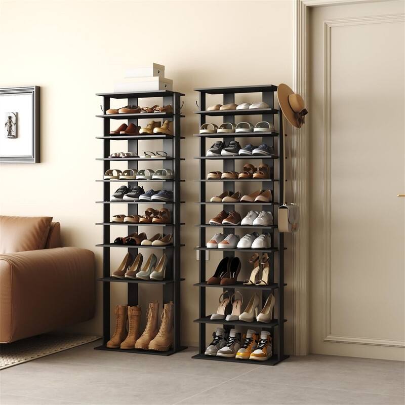 10Tier Vertical Shoe Rack - 11.02"D x 20.47"W x 62.2"H - Black