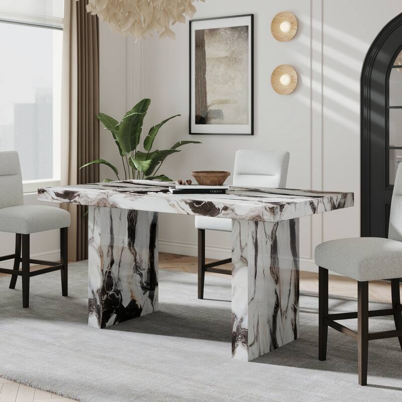 Roundhill Furniture Cavira 5-Piece Modern Faux Marble Dining Set, Counter Height Table with 4 Upholstered Chairs