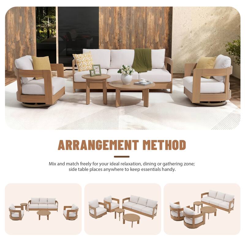 Outdoor 5-Piece Conversation Set Sofa and Swivel Chair with Coffee Table in Eucalyptus Wood