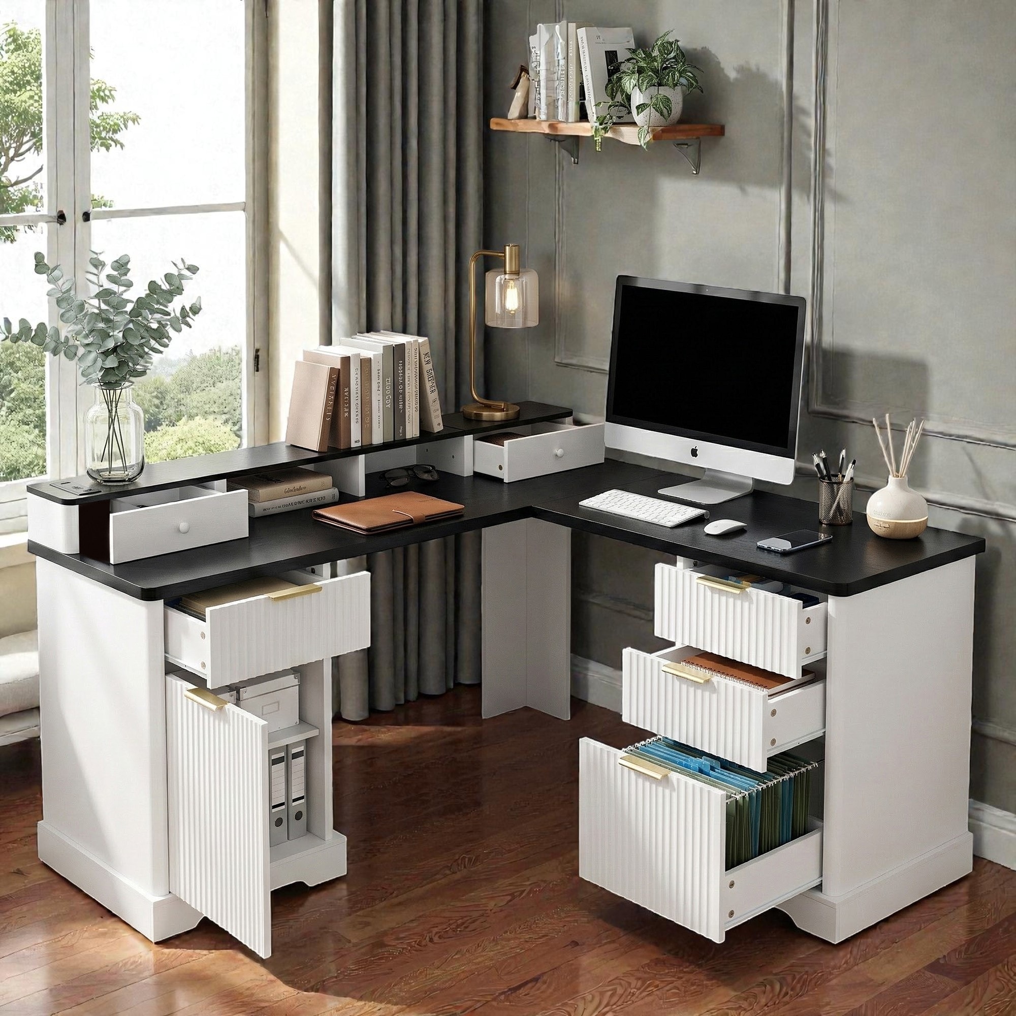 59 Inch Modern L Shaped Desk with Charging Station, Computer Desk with Storage Cabinet File Drawer and Monitor Stand