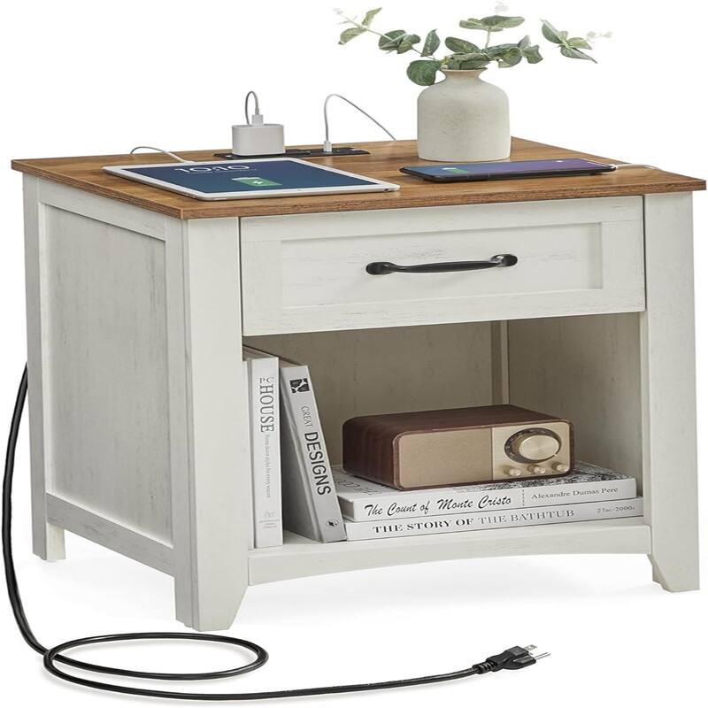 Nightstand with Charging Station - Rustic White + Honey Brown