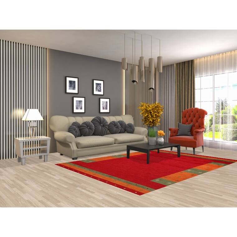 Red Gabbeh Oriental Area Rug Hand-Knotted Wool Carpet - 5'9"x 7'11"