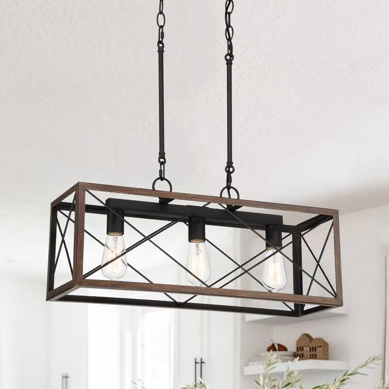 Acroma 3 - Light Linear Modern Farmhouse Rectangle Chandelier - Weathered Walnut