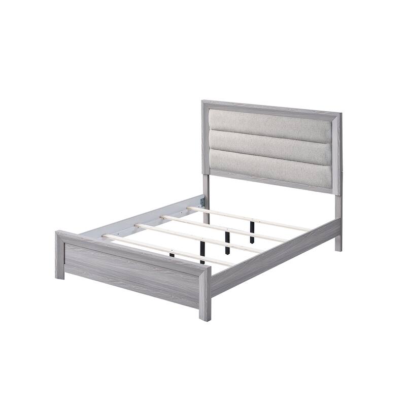 Twin Size Panel Bed with Upholstered Headboard in Driftwood Finish