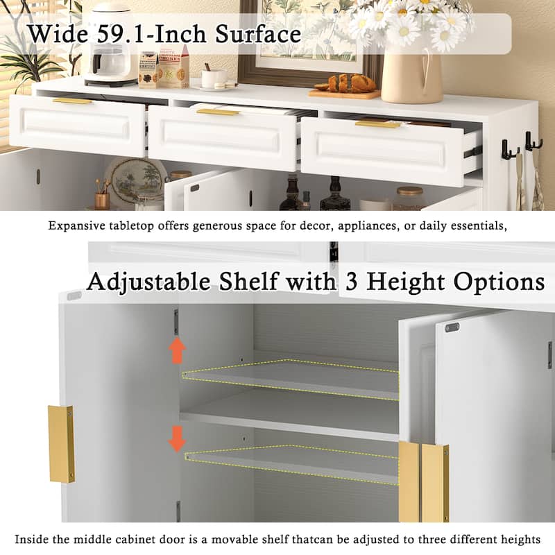 59" Farmhouse Multi-Functional Sideboard Cabinet with 3 Drawers and Adjustable Shelfs