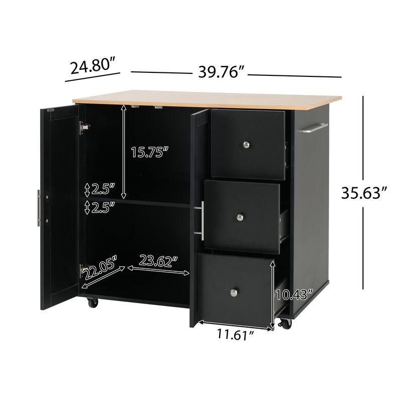 Anmytek Black Rolling Kitchen Cart, 39.76" Mobile Island with Storage, 2 Doors, 3 Drawers and Adjustable Shelf