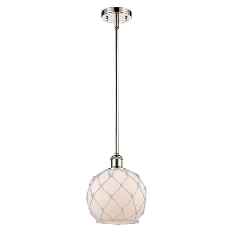 Innovations Lighting Farmhouse Rope 8" Wide Mini Pendant - Polished Nickel / White Glass with White Rope