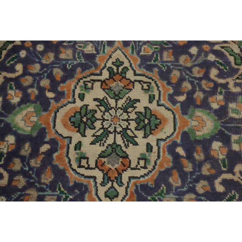 Hand Knotted Oriental 100% Wool Carpet Traditional Floral Navy Blue & Blues Tabriz Area Rug - 9' 4'' X 6' 9''