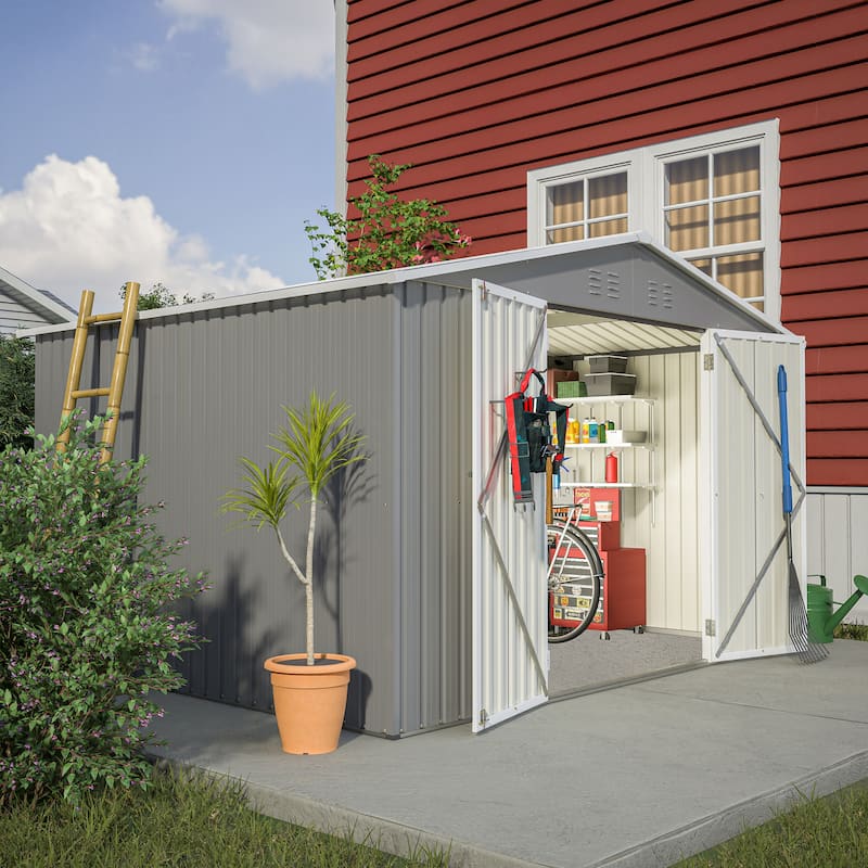 GDFStudio - Evelyn Spacious Outdoor Waterproof Tool Storage Shed with Durable Metal Frame - Gray - 10X8 FT
