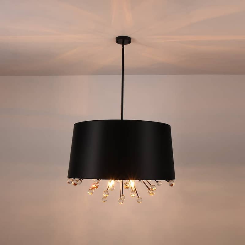 Statement Luxury Crystal Wide Black Fabric Drum Lantern Chandelier - 30.7 in