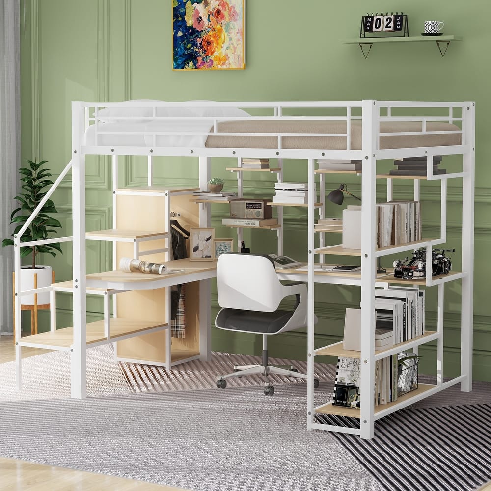 White Full Size Metal Loft Bed with Storage Staircase, Small Wardrobe, and Desk