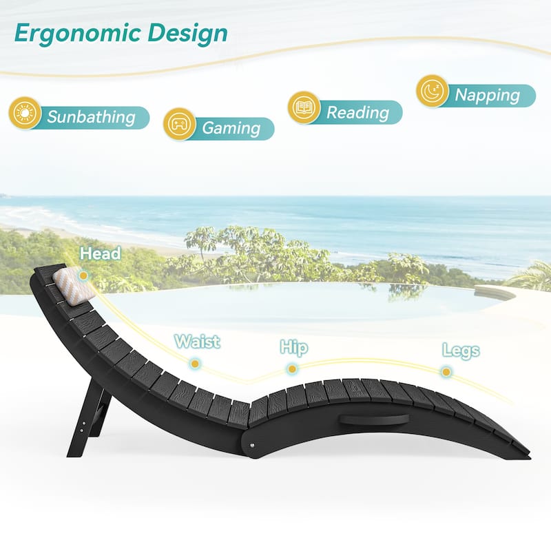 1-Piece Folding HDPS Plastic Outdoor Pool Chaise Lounge with Headrest Cushion