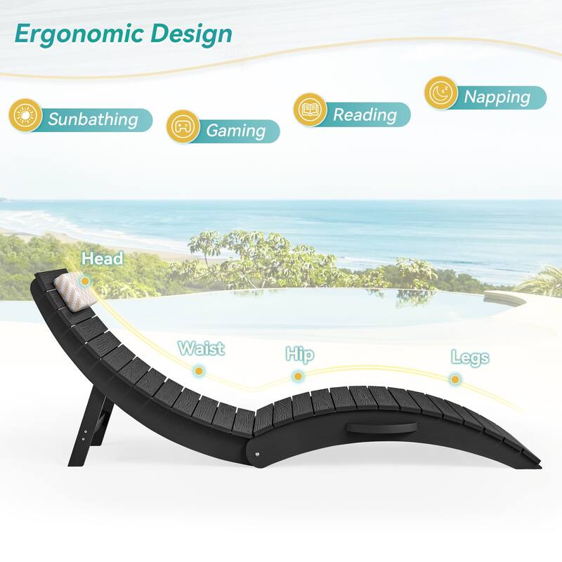 2-Piece Folding HDPS Plastic Outdoor Pool Chaise Lounges with Headrest Cushion