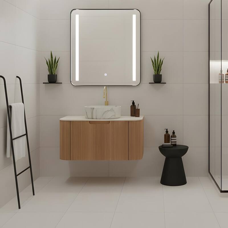 Floating Bathroom with Round Ceramic Basin and Storage Drawer