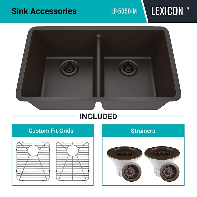 Lexicon Granite 32 Inch 50/50 Double Bowl Undermount Kitchen Sink Kit