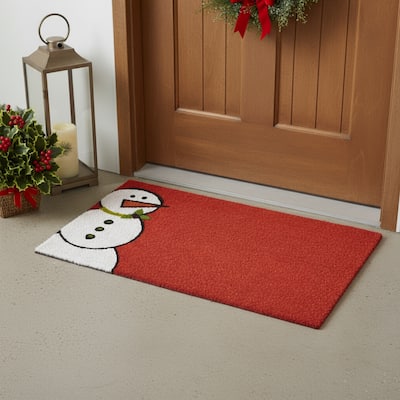 HomeRoots 17" X 29" Red White And Black Christmas Snowman Outdoor Coir Door Mat - 17.00' X '29.00