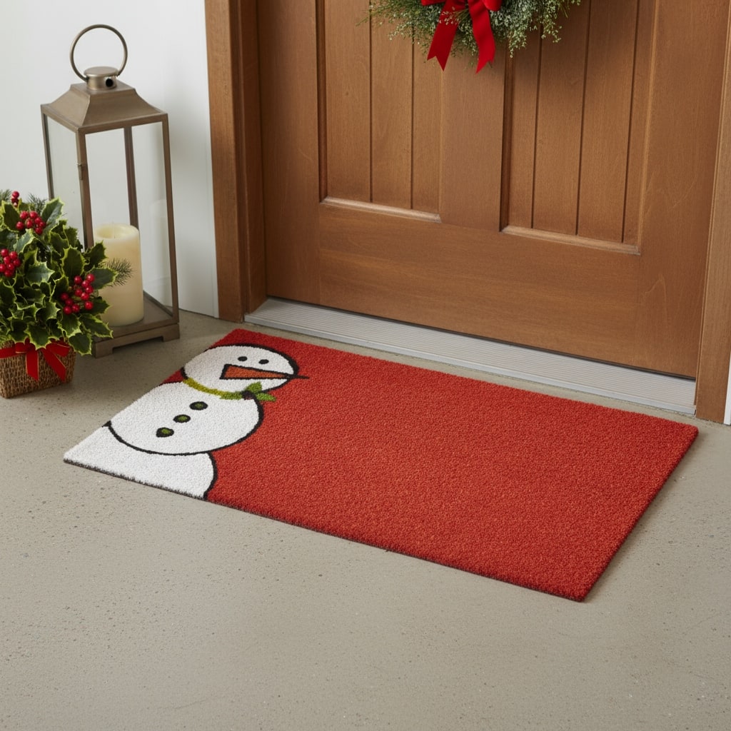 HomeRoots 17" X 29" Red White And Black Christmas Snowman Outdoor Coir Door Mat - 17.00' X '29.00