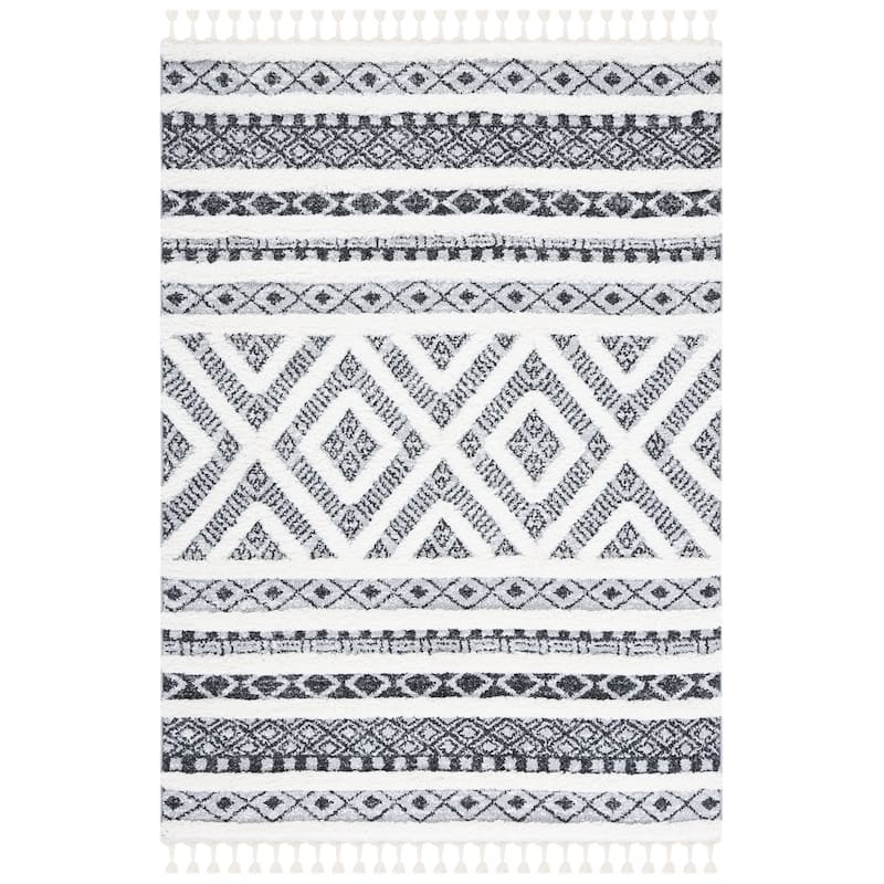 SAFAVIEH Moroccan Tassel Shag Zennure 2-inch Thick Rug - 6'7" Square - Grey/Ivory