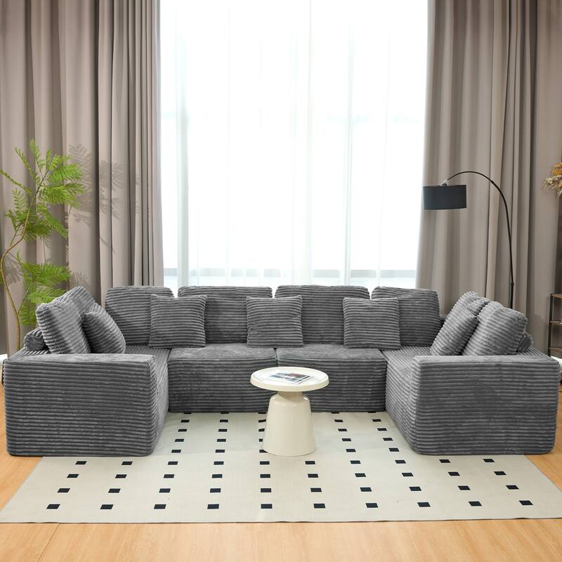 Pet Friendly Corduroy Sleeper Sofa Bed Modular U-Shaped Sectional Sofa with Chaise Lounge, Floor Standing Couch with Pillows