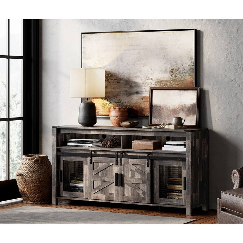Rustic Wood TV Stand with Mesh and Sliding Barn Doors for Living Room