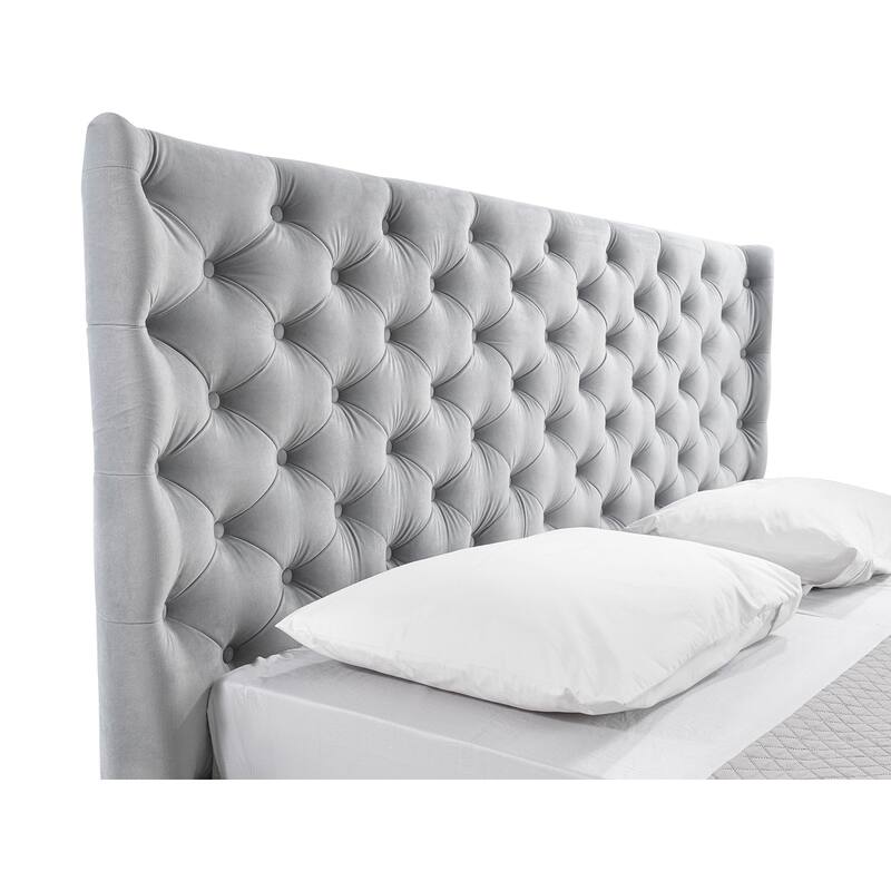 PARKER bed in gray velvet fabric tufted headboard with storage.