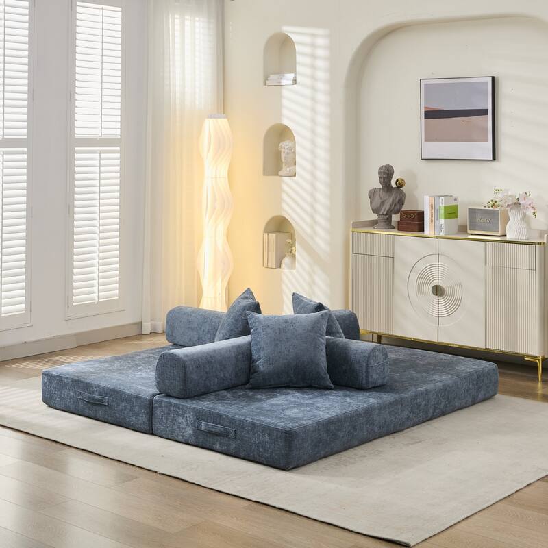 3-Tier Design Convertible Chenille Sofa Bed, Folding Sleeper Floor Sofa with Pillows, No-Assembly Modular Sofa Couch