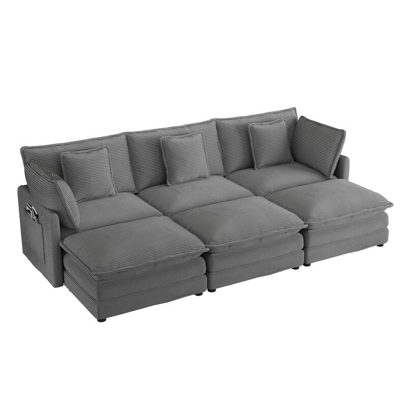 Corduroy Modular Sofa Couch, Upholstered Sleeper Recliner Sofa Couch with Side Storage Pockets and 3 Movable Ottomans