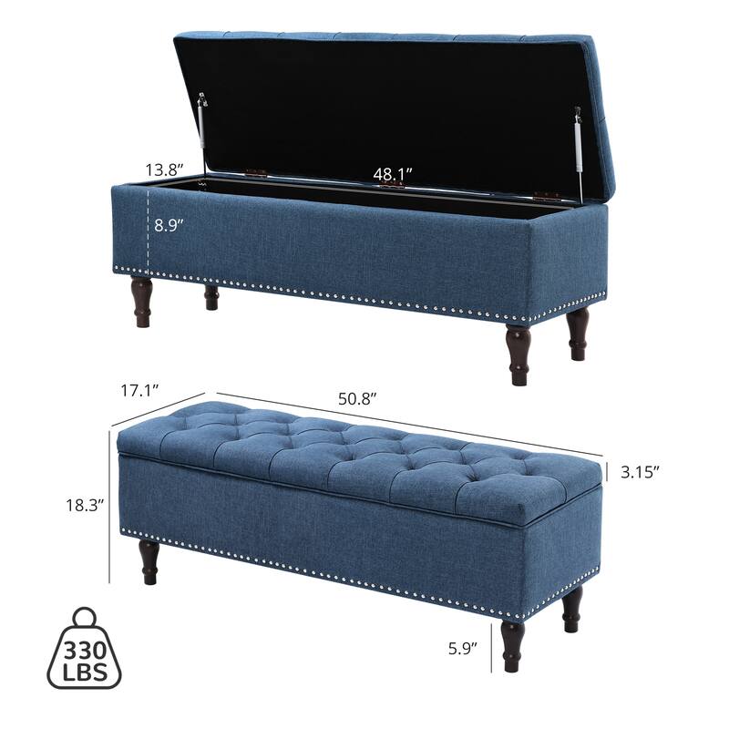 Tufted Storage Bench, Upholstered Ottoman with Storage - 50.8" W X 17.1" D X 18.3" H
