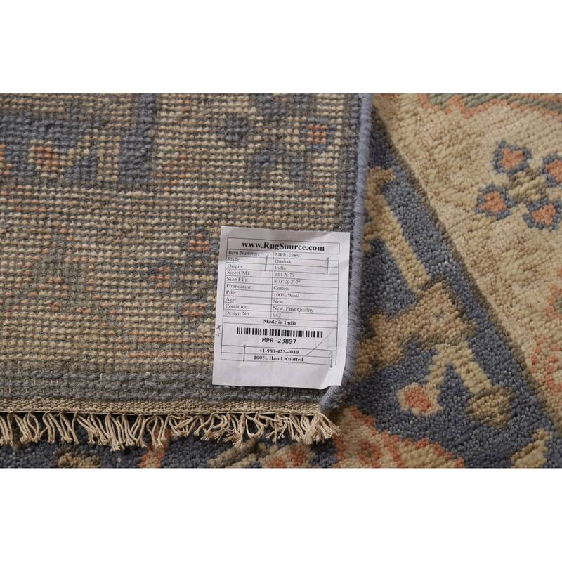 Blue & Beige Oushak Indian Runner Rug Hand-Knotted Wool Carpet - 2'7"x 8'0"