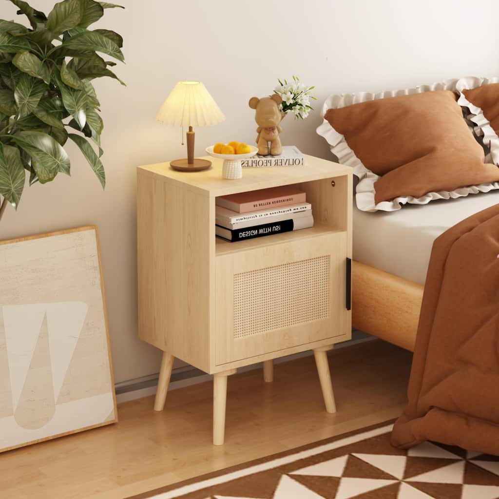 Rattan Nightstand, Side Table With Door Open Shelf, Accent Bedside End Table With Solid Wood Legs