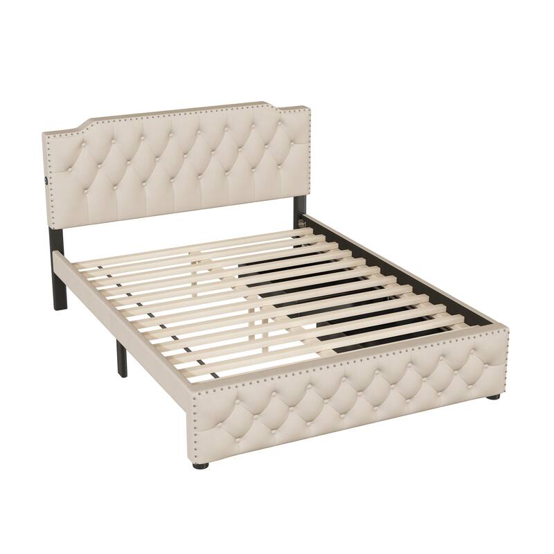Queen Size Linen Fabric Upholstered Bed w/ 2 Drawers Storage Bed, 2 USB Ports on Platform Bed No Box Spring Needed Easy Assembly