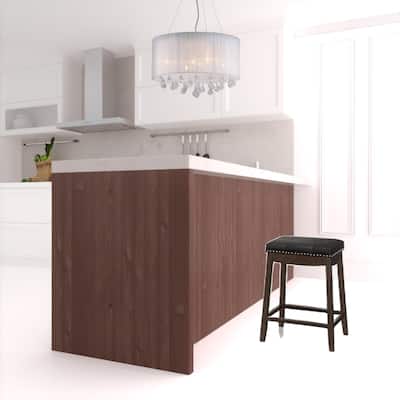 HomeRoots Set of Two 25 " Black And Espresso Faux Leather And Solid Wood Backless Counter Height Bar Chairs