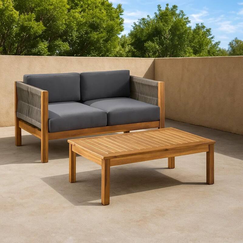 2pc Outdoor Loveseat Coffee Table Set, Brown Acacia Wood, Dark Gray