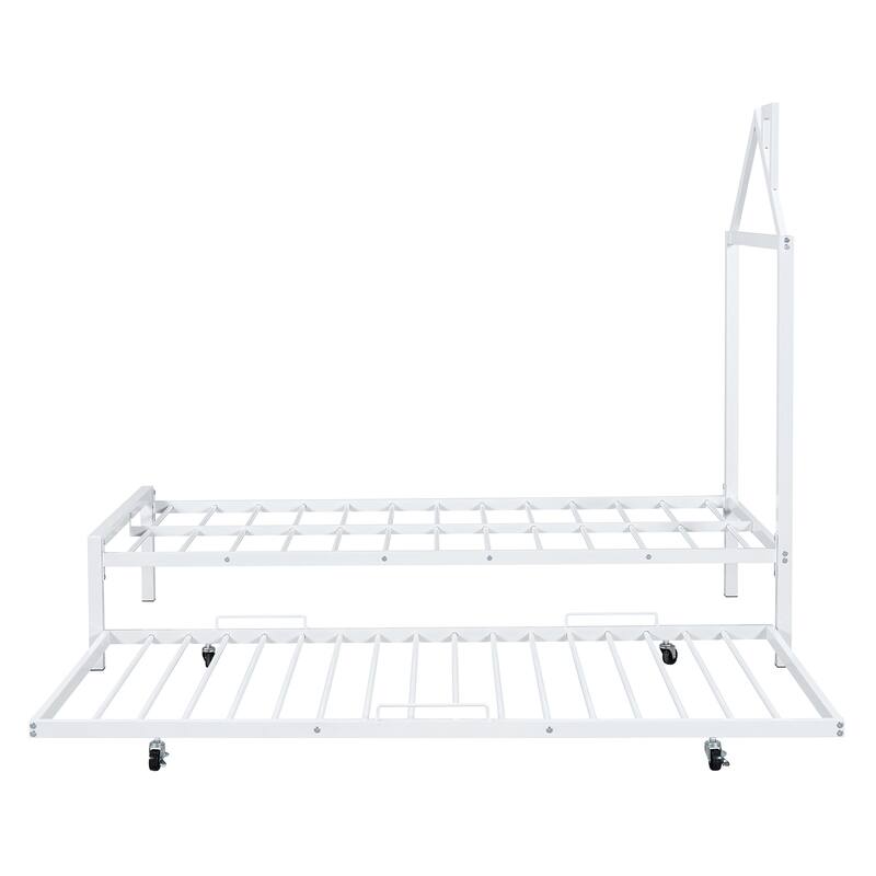Metal Platform Bed with Twin Size Trundle,House-Shaped Headboard