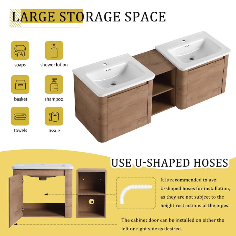 Wall-Mounted Bathroom Vanity with Ceramic Sink and Storage Shelves