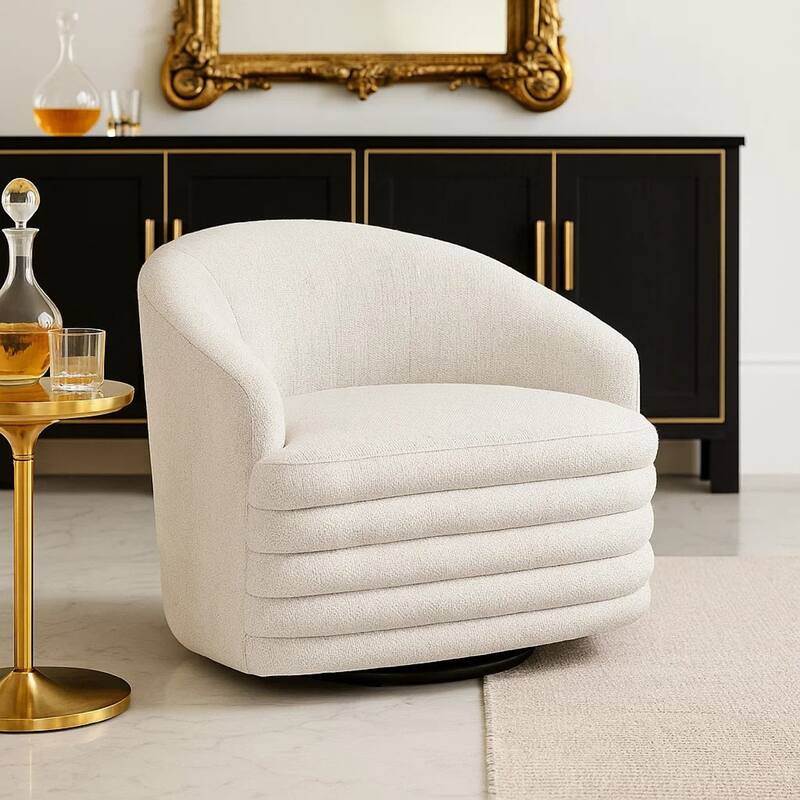Vinn Swivel Accent Armchair, Barrel Design, Beige Chenille Fabric