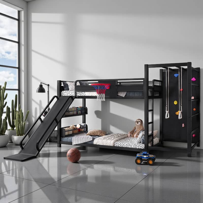 Kids Metal Loft Bed with Slide, Basketball Hoop, Climbing Wall, Pull-Up Rings and Bookshelves