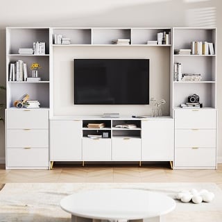 Multifunctional TV Stand Media Storage Cabinet 4 Piece Entertainment Wall Unit with 13 Shelves 8 Drawers and 2 Cabinets Bed Bath Beyond